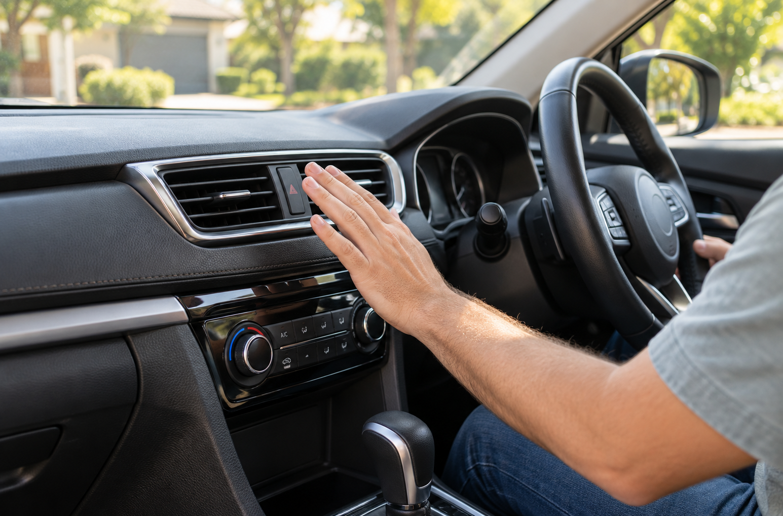 Driver checking airflow from a car’s air conditioning vent before booking a mobile inspection.